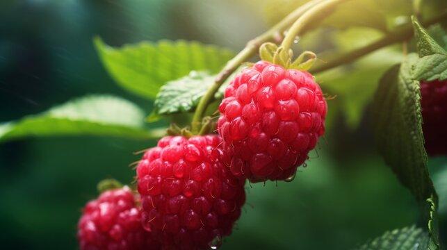 Branch of ripe raspberries in a garden on blurred green background. Neural network ai generated art