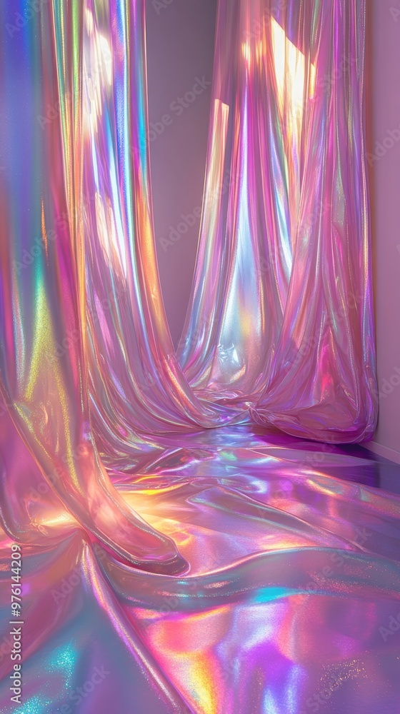 Poster iridescent holographic fabric flowing in abstract pattern