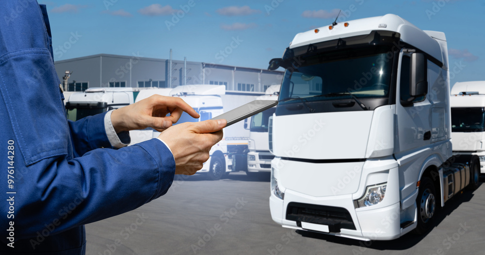Aufkleber fleet manager with digital tablet on a background of trucks