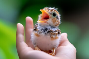 A baby bird fluffing its downy feathers as its tiny beak opens wide for its first meal