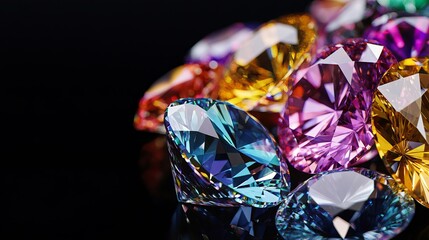 Collection of round cut multicolored diamonds on black background