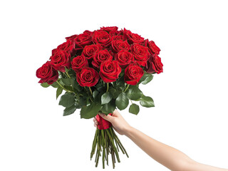 A hand presents a vibrant bouquet of red roses with lush green leaves against a white background, perfect for celebrations and special moments