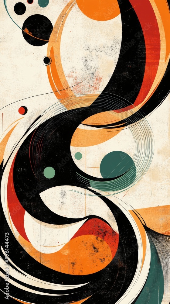 Poster abstract composition with dynamic swirling shapes and grunge texture