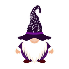 Halloween gnome with cobweb hat. Happy character in purple hat covering his eyes with white beard as festive symbol of vector carnival
