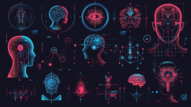 Abstract digital art depicting human heads, brains, and other bio-inspired symbols in a futuristic style