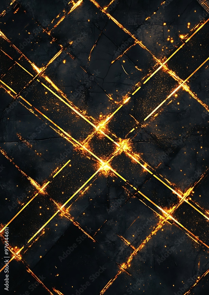 Poster abstract pattern of glowing lines crossing on a black marble background.