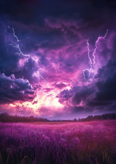 Fantasy Purple Field with Dramatic Sky and Lightning: Perfect for Greeting Cards, Invitations, Banners, or Posters for Fantasy-themed Events or Celebrations.