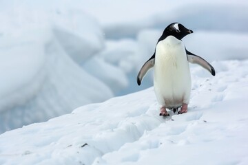 Obraz premium A penguin stands on a snowy surface, looking out into the distance