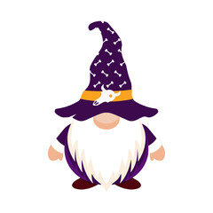 Halloween gnome with skull and crossbones cap. Happy party character in purple hat covering his eyes with white beard as festive symbol of vector carnival