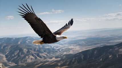 A Powerful Bald Eagle Soars High Above a Mountain Range, Its Sharp Eyes Piercing the Vast Valley Below