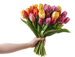 Colorful bouquet of tulips held in a hand, showcasing a vibrant mix of orange, pink, purple, and yellow flowers against a white background