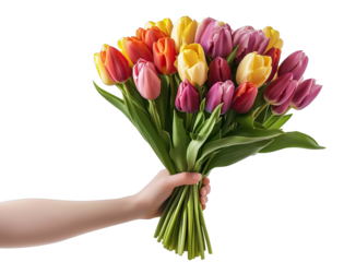 Colorful bouquet of tulips held in a hand, showcasing a vibrant mix of orange, pink, purple, and yellow flowers against a white background