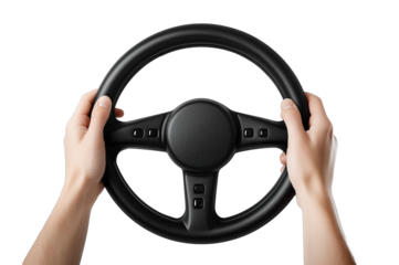 Hands gripping a black steering wheel against a plain white background, symbolizing driving and control