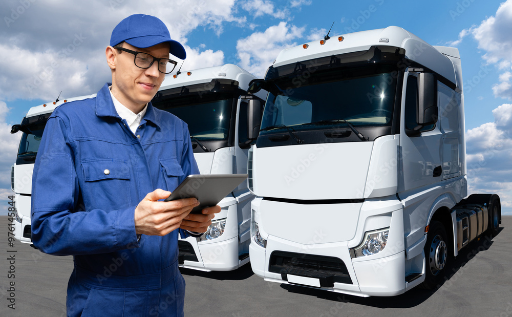 Aufkleber fleet manager with digital tablet on a background of trucks