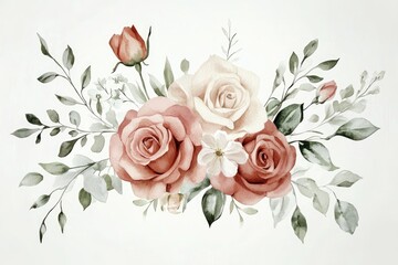 Elegant watercolor arrangement of pink and white roses with delicate green leaves, perfect for decor or wedding invitations.