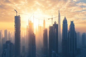 Skyscrapers under construction at sunrise