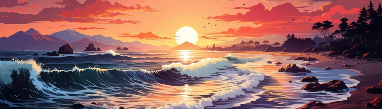 A romantic illustration of a secluded beach at sunset, with waves gently lapping