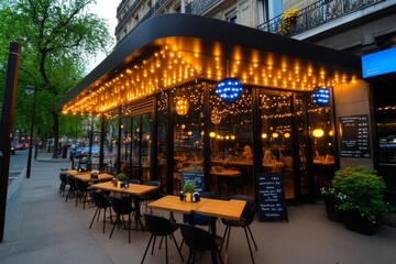 Naklejka premium A corner cafÃ© in a European city, with tables set up outside under string lights