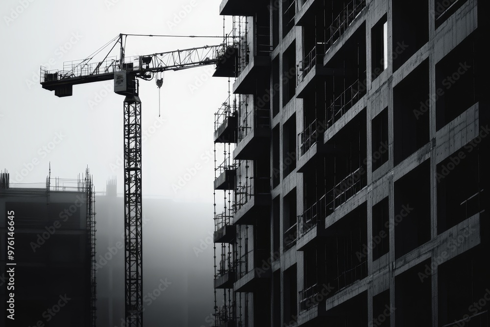 Poster construction of a residential building a block of apartments in progress with modern architecture