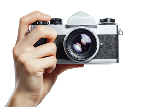 A person holds a classic camera ready to capture moments with a clear focus on its detailed lens in bright lighting conditions