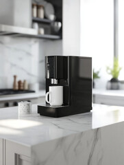  A coffee machine in a modern kitchen setting, white countertops, sleek black and stainless steel design, bright and clean product shot.