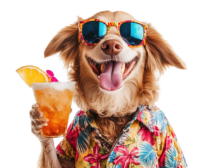 A cheerful dog in sunglasses holds a tropical drink while wearing a colorful floral shirt, perfect for summer fun