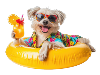 A cheerful dog wearing sunglasses relaxes in a yellow pool float while enjoying a tropical drink during summer fun
