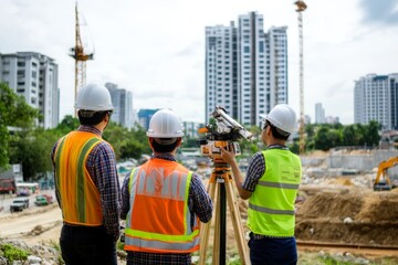 Engineers and architects collaborate on high rise building site with surveying techniques