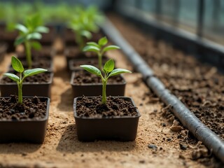 Growth of seedlings in a greenhouse.