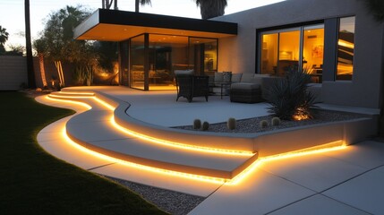 Sleek LED strip lighting enhances a modern patio and garden walkway at twilight