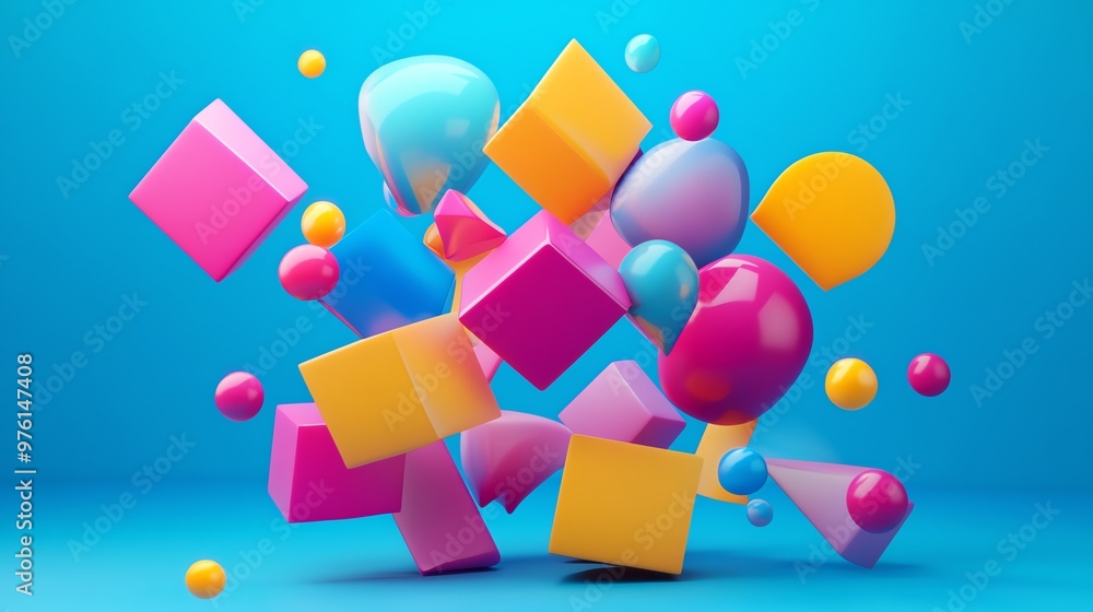 Poster a 3d rendering of colorful geometric shapes floating on a blue background.