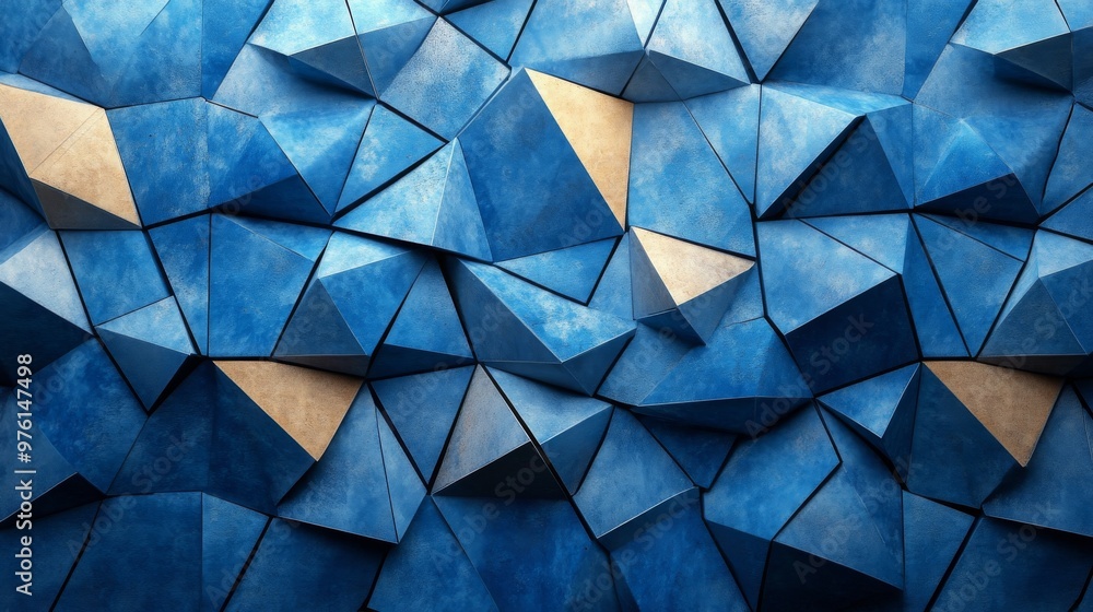 Poster blue and gold abstract polygonal geometric surface forming a triangular pattern