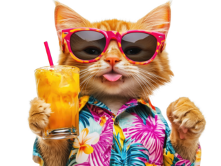 A cheerful cat wearing sunglasses and a tropical shirt enjoys a refreshing drink on a sunny day at home