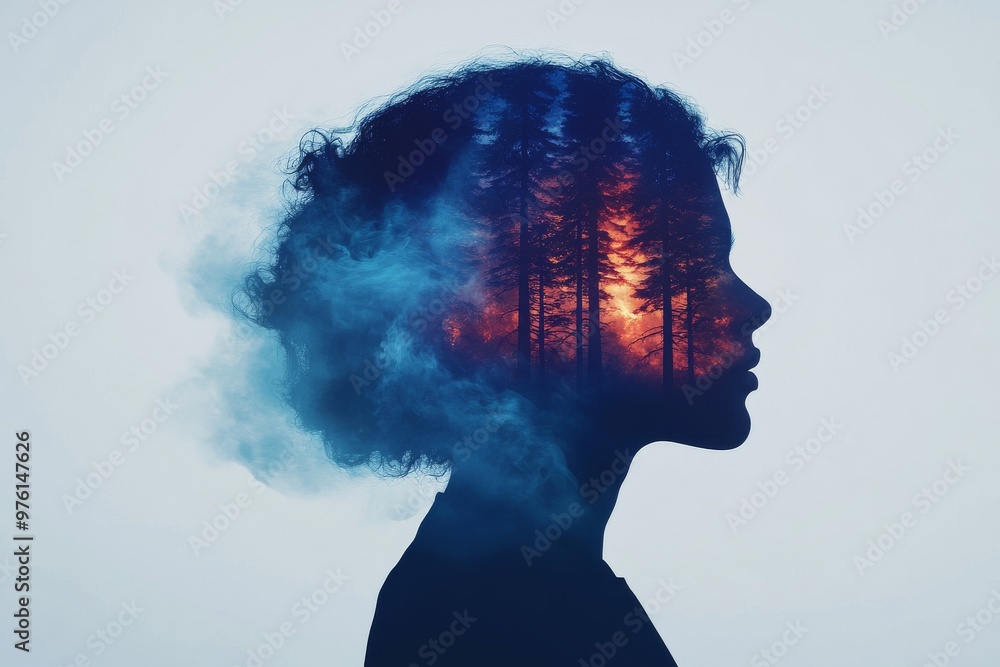 Poster silhouette of a woman with misty forest overlay symbolizing the connection between thought nature an