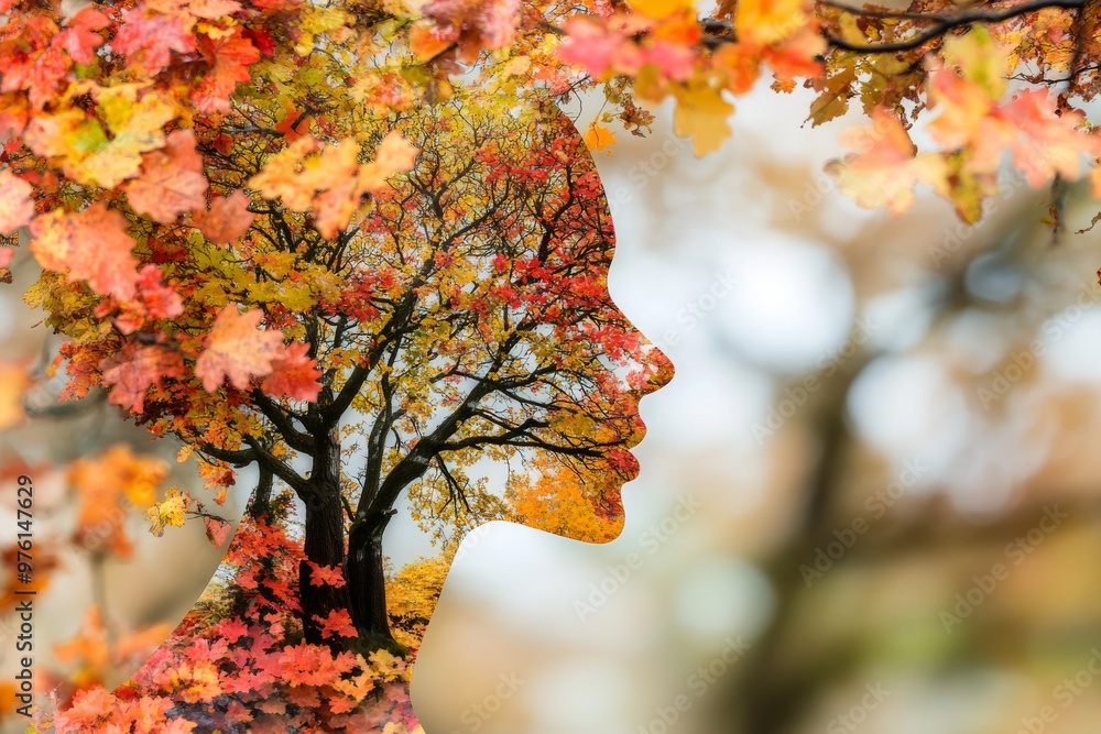 Aufkleber silhouette of a womans face integrated with autumn trees symbolizing the cycle of life thought and c