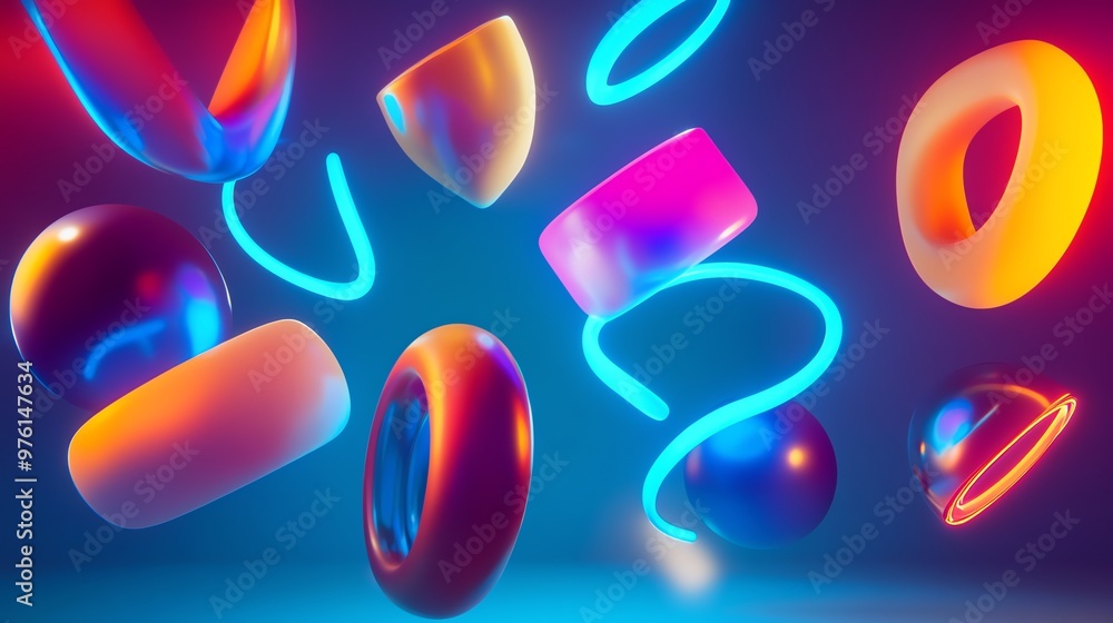 Poster abstract 3d render of colorful geometric shapes and glowing neon lines.