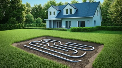 A modern home utilizes geothermal heating and cooling with visible underground pipes for energy-efficient temperature regulation