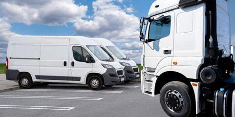 Semi truck and delivery vans. Commercial fleet