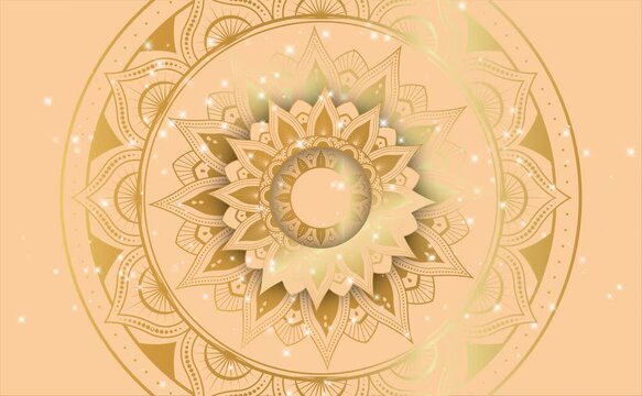 Mosaic Mandala video Moving hypnotic spiral illustration. Gold and Cream colors. With white stars Video animation 4K. Psychedelic and slow rotation.