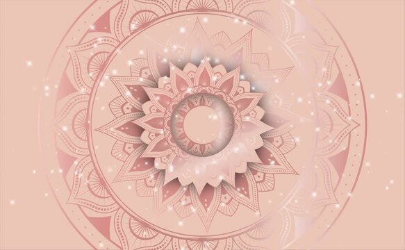 Mosaic Mandala video Moving hypnotic spiral illustration. Rose Gold and Peach colors. With white stars Video animation 4K. Psychedelic and slow rotation.