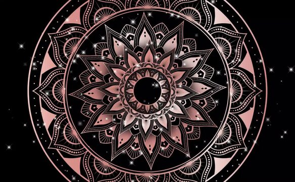 Mosaic Mandala video Moving hypnotic spiral illustration. Rose Gold and Black colors. With white stars Video animation 4K. Psychedelic and slow rotation.