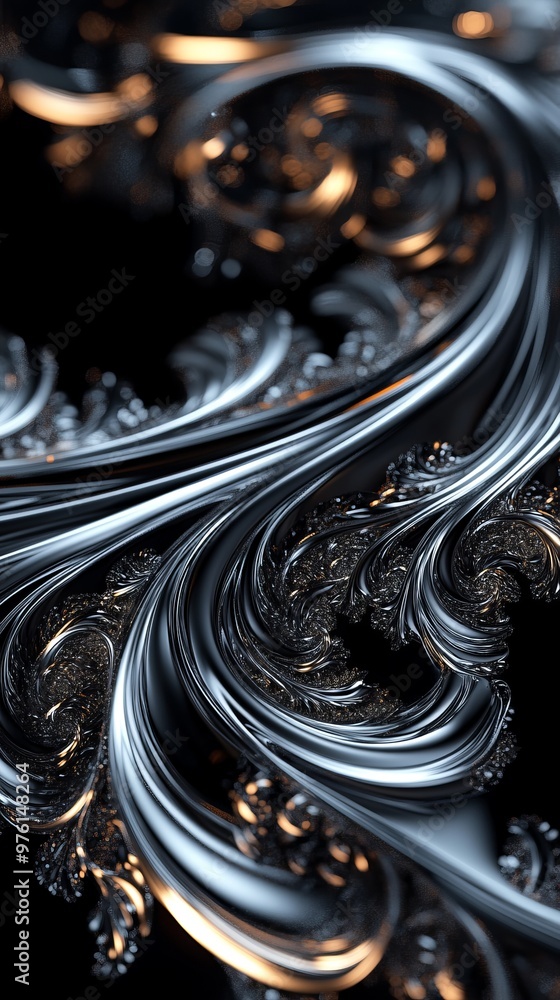 Poster abstract metallic swirls forming intricate patterns on black background