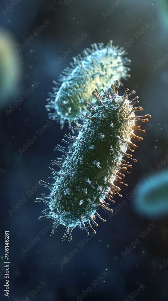 Poster microscopic view of bacteria cells floating in a dark environment