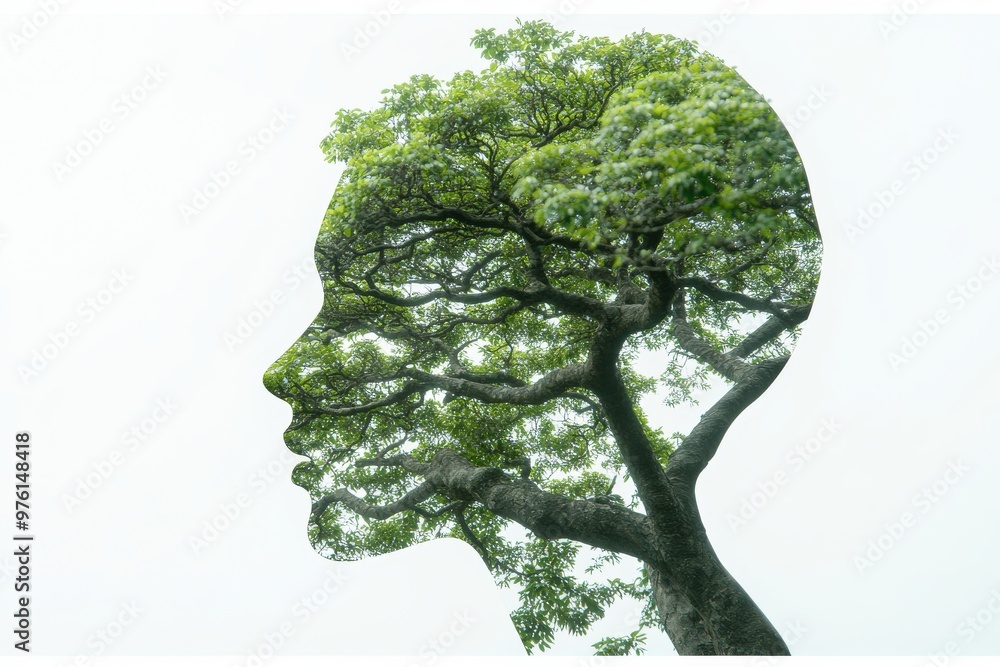 Poster silhouette of a womans face with a tree overlay symbolizing thought growth and the harmony between n