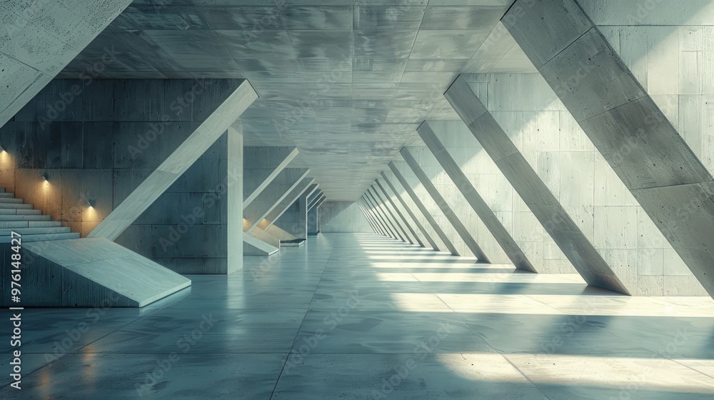 Poster abstract empty interior of modern concrete room with sharp lines and angular walls. 3d rendering,