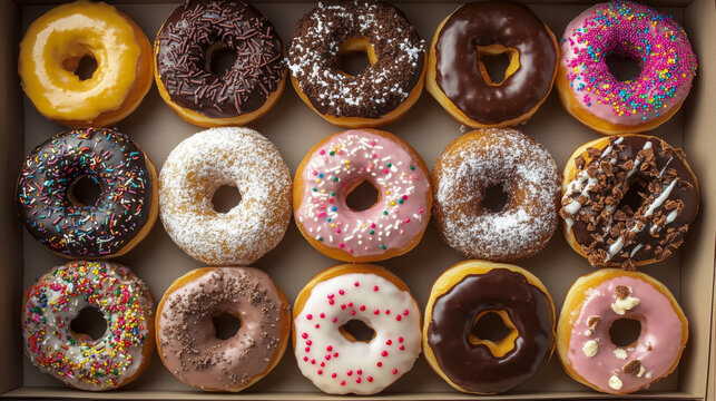 A box of donuts with different toppings, seen from above.