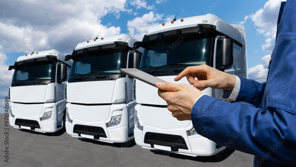 Poster fleet manager with digital tablet on a background of trucks