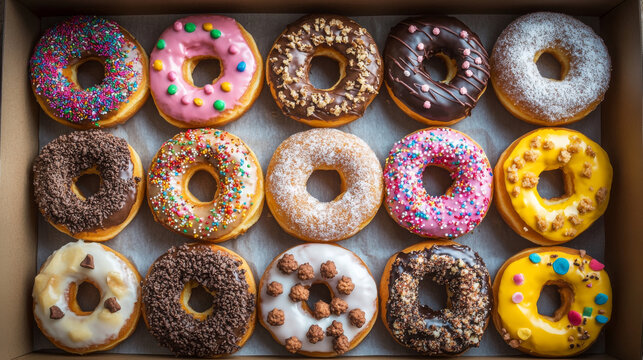 A box of donuts with different toppings, seen from above.