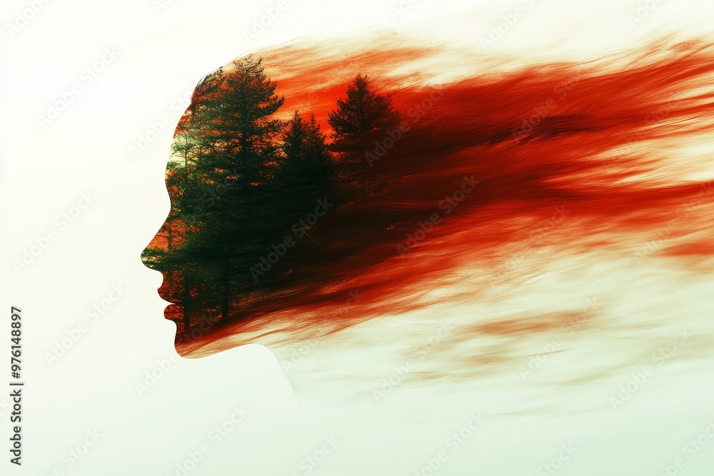 Wall mural Abstract side profile of a woman with flowing red elements symbolizing energy passion and the dynamic interplay of thought and emotion in a conceptual setting