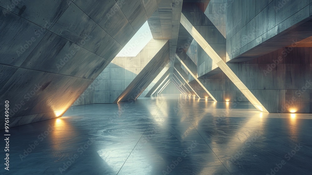 Poster abstract empty interior of modern concrete room with sharp lines and angular walls. 3d rendering,